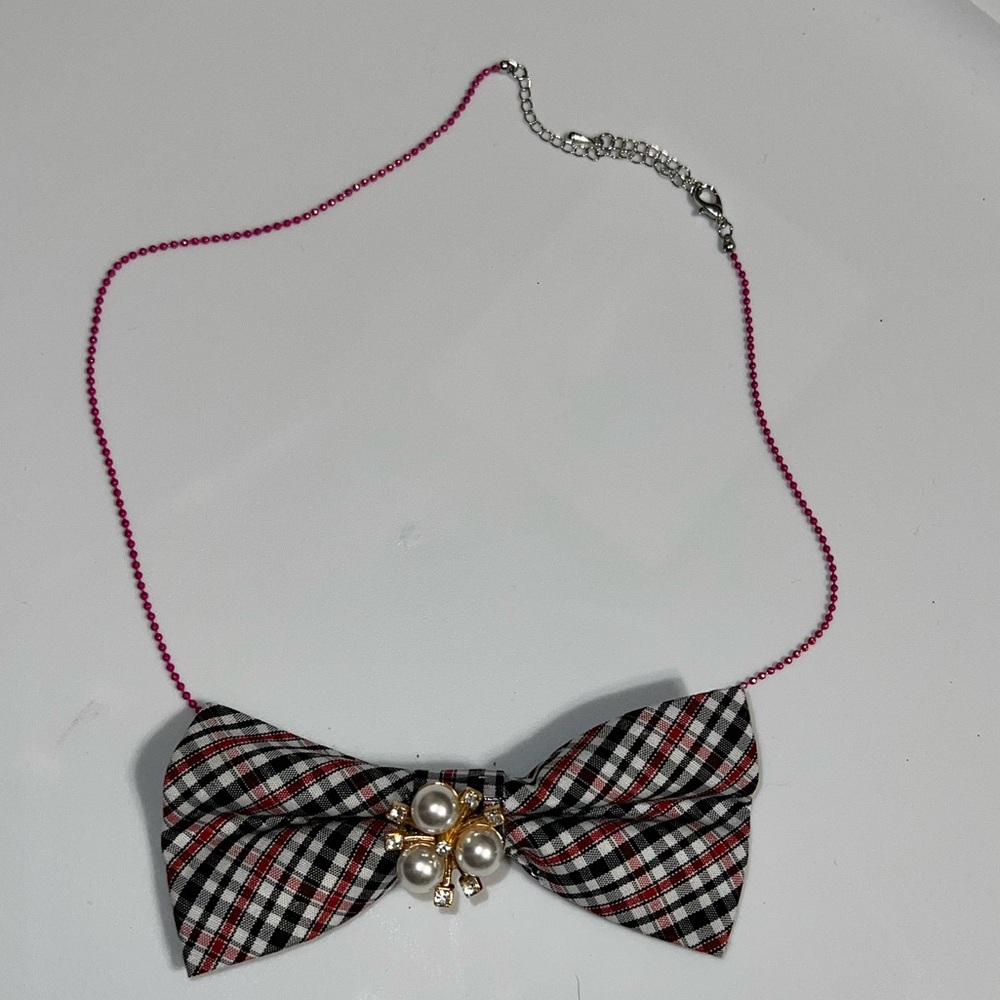 “Dainty Dapper” Plaid Bow Necklace with Pearl Accent
